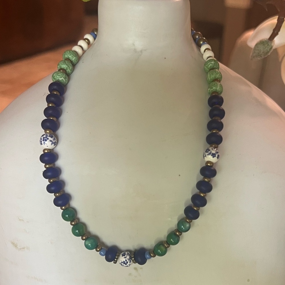 Handmade Blue and Green Beaded Necklace 16”
